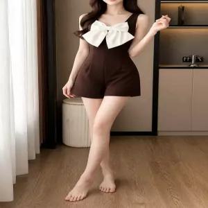 여성 리본 플레어 끈나시 숏 점프수트