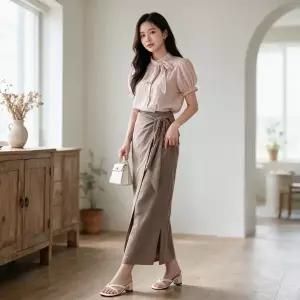롱 스커트 리본 포인트 끈 벨트 여자 하의 데일리룩 여름 가을 OOTD 치마