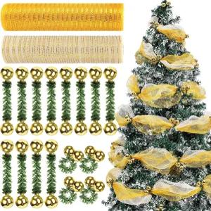 Soulchen 26피스 크리스마스 장식 메쉬 가랜드 세트 10야드 금속 인공 소나무 바늘 포함 DIY 휴일 Xmas