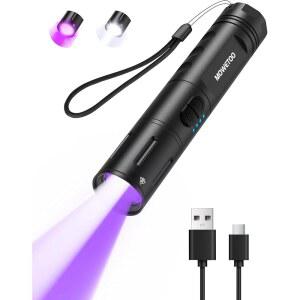 MOWETOO UV 플래시라이트 395NM 충전식 블랙 라이트 미니 | 2-IN-1 LED 화이트 및 블랙라이트 방수 줌 기능 초고휘도