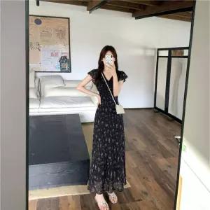 블랙팬서 여성 아름다운 블랙 레이스 꽃무늬 서스펜더 드레스 여름 방학 롱