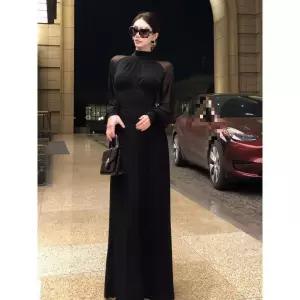 호빵2 여성 복고 모던 블랙 가을 슬림 실루엣 스탠드칼라 플리츠 롱스커트