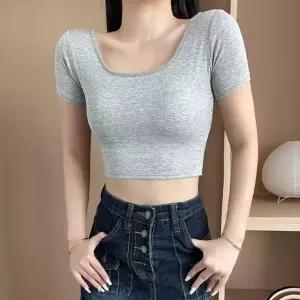 스퀘어 내장 등파인 티셔츠 오픈 넥 슬림 반팔 레이스티 반탈 백 레이스 여자 패드 크롭