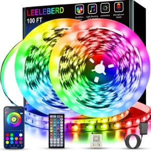 Leeleberd 침실용 LED 조명 100피트 50피트 2롤 음악 동기화 색상 변경 RGB 스트립 원격 앱 제어 블루투스