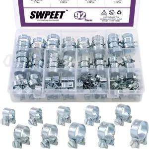 Swpeet 92Pcs 10 사이즈 아연 도금 미니 연료 분사 라인 스타일 호스 클램프 모음 키트 자동차 농업 플랜트