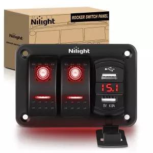 Nilight 2 갱 로커 스위치 패널 레드 백라이트 4.8암페어 듀얼 USB 충전기 전압계 방수 12V 24V DC 나이트