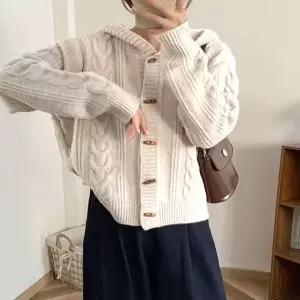 여성 떡뽁이 단추 꽈배기 패턴 데일리 후드 가디건 꾸안꾸 간절기 꽈배기 여자 가디건 캐주얼 니트 긴팔
