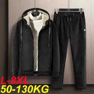 빅사이즈 남자 플러스 사이즈 8xl 겨울 Tracksuit 두꺼운 양고기 모직 양털 후드 2 조각 세트 자켓 바지 스