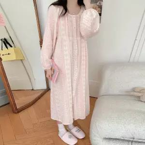 여성 면 플라워 퍼프소매 긴팔 원피스잠옷 파자마 -FHO0042- 봄 가을
