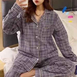 쉬블림로브 (긴팔 긴바지) 여성 퍼플 체크 꿀잠 홈웨어 파자마 잠옷 세트 GGWD0147