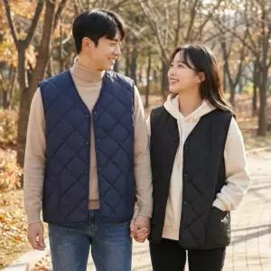 남자 여성 겨울 브이넥 융털 기모 안감 경량 퀄팅 누빔 패딩 조끼 베스트 2color