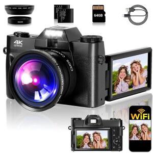 사진 촬영용 4K 디지털 카메라 YOUTUBE용 75MP WIFI 브이로깅 3인치 180 플립 스크린 포인트 앤 슛 64GB SD 카드 배터리 2개 초보자를 위한 컴팩트 여행용 카메라