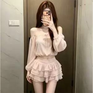 [아리엘스타일] 오프숄더 쉬폰블라우스 캉캉스커트투피스 드와인투피스