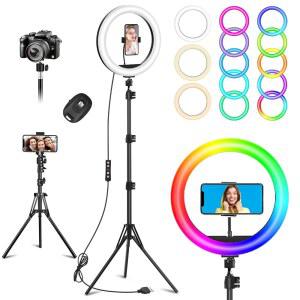 10.3인치 셀피 링 라이트 스탠드 및 휴대폰 홀더 포함 73인치 삼각대 96 RGB 모드 | 아이폰호환 ANDROID 카메라용 리모컨. 사진/비디오 촬영 / 틱톡 메이크업용 LED 헤일로 조명. 브이로깅 서클 링라이트 조광 가능