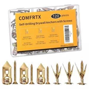 COMFRTX 3 사이즈 자동 드릴링 건식 석고보드 앵커 키트 스크류 중장 금속 120개 시트록 선반 거울 액자 및