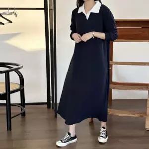 [보리보리/마미누리]임산부 카라 배색 롱 원피스 브이넥 빅사이즈 임부복 체형커버 오피스 등원룩