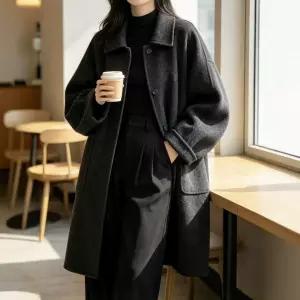 원픽 여성 수리 양모 박쥐 소매 빅사이즈 양면 울 코트 가을 싱글 버튼 두툼한 돌핀 칼라 재킷