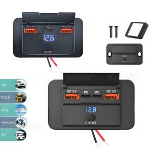 12V RV USB 콘센트 패널 108W 듀얼 QC3.0 및 PD3.0 보트 ATV 바이크 오토바이 용 스위치 LED 전압계 고속