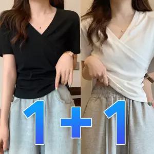 + 여성 브이넥 반팔티 셔링 스판 랩 무지 티셔츠