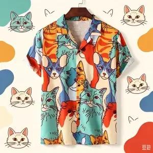 패션 3D 프린트 카툰 고양이 하와이안 셔츠 남성용 여름 휴가용 버튼다운 라펠 멋진 스트릿 스타일 반소매