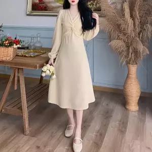 꼬임 원피스 하객 긴소매 휴양지 A라인 바캉스 롱