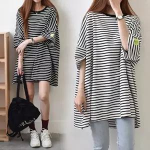 데일리룩 여성 스트라이프 박시 반팔 티셔츠 빅사이즈 캐주얼룩 스트라이프티