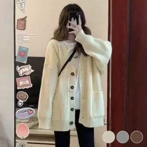 데일리룩 가디건 니트 스웨터 브이넥 루즈핏 도톰 여성 긴팔