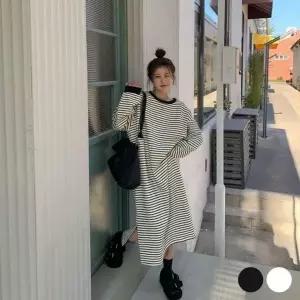 [하프클럽/골피아]스트라이프 빅사이즈 원피스 기모원피스 롱원피스 두꺼운원피스 가을원피스