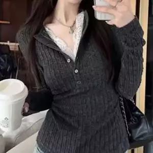 데일리룩 헨리넥 슬림핏 레이스포인트 긴팔 골지티셔츠 민소매