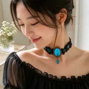 레이스 벨벳 목걸이 메탈 초커 포인트 보석 장식 목걸이용 블루