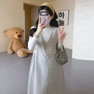 M1 여성 임산부 스커트 PU 재킷 A라인 가을 세트 모직 프린트 민소매 원피스 JEN