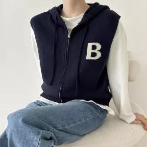 [샵앤]B로고 국산 여성 후드 간절기 레이어드 니트 조끼 21DS-WVS-3000-오트밀