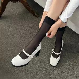 SOVO 이베르 세미스퀘어 메리제인 스트랩 발편한 미들통굽 펌프스 여성구두 6cm