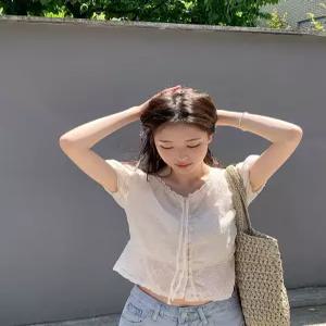 [여리핏/하객룩] 벨린 레이스 블라우스 / 여름 반팔 자수 펀칭 퍼프 셔링 블라우스 가을하객룩
