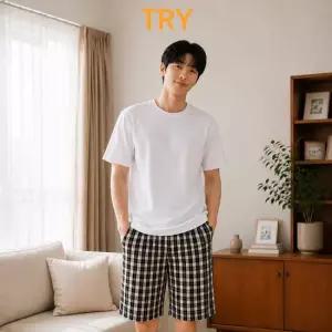 트라이 남성 파자마 바지 선염 체크 7부 하의 순면 40수 잠옷 홈웨어 이지웨어 실내복 반바지
