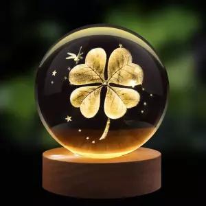 클로버 3D 크리스탈 볼 LED 테이블 무드등 USB 터치식 60mm 나무 베이스