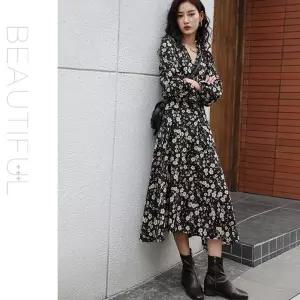 플라워 패턴 A라인 긴팔 롱 원피스 봄 가을 haF2E93 쉬폰 블랙