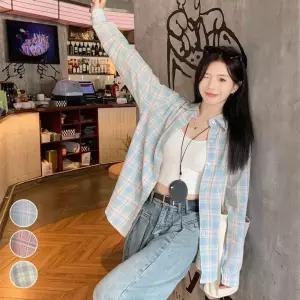 루즈핏 얇은 체크 셔츠 ELC-9081여름긴팔 커버업 비치웨어 남방 블라우스 레이어드 봄셔츠 심플 흰남방 여