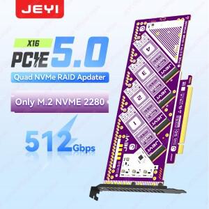 JEYI PCIe 5.0 X16 쿼드 M.2 확장 카드-4베이 NVMe RAID 0/1/5/JBOD 어댑터 512Gb/s 속도 8TB SSD 호환 4.0
