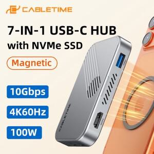 CABLETIME 7 IN 1 USB C 허브 NVMe SSD 마그네틱 4K ProRes 비디오 녹화 SD/TF 3.0  자석 부착 아이폰 호환
