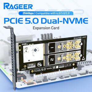 RAGEER PCIe 5.0-듀얼 M.2 NVMe X16/X8 어댑터 확장 라이저 카드 256Gbps 슬롯(2280/60/42/30 SSD 소프트
