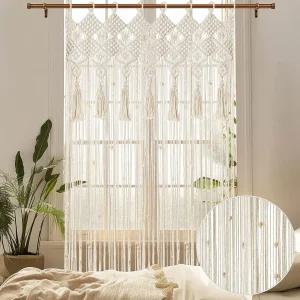 BECHAEO Boho 마크라메 비즈 커튼 술 장식 포함 화이트 1패널 35 x 79 수제 면 도어 스트링 현관 창문용