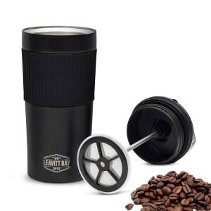 LEAVITT BAY COFFEE 블랙 휴대용 프렌치 프레스 여행용 머그 & 커피 메이커 | 누수 방지 뚜껑 캠핑 및 여행에 적합한 이중 벽 진공 단열 구조