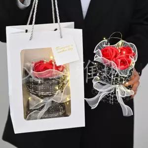 향기가득 비누 장미 꽃 장미 미니 꽃다발 조화+ 투명창 윈도우쇼핑백 세트