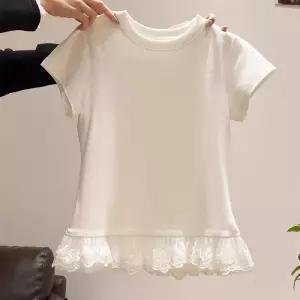 러블리 레이스 프릴 밑단 반팔 티셔츠 데일리룩