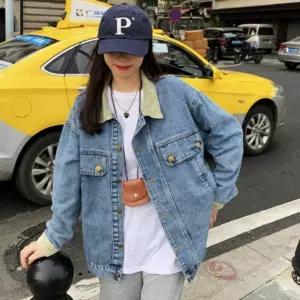 여성 가을 배색 포인트 유행  카라 겨울 소매  없이 청자켓 입는