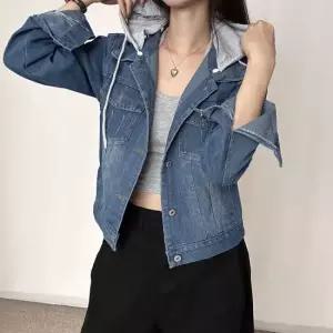 청자켓 탈부착 후드 여성 세미크롭 데님자켓 간절기