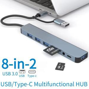 8포트 2 USB 타입 C 허브 도킹 스테이션 (3.5mm 오디오 잭 어댑터 마이크로 SD 카드 리더 노트북/태블릿/폰