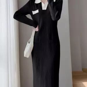 화이트 카라 배색 니트 롱원피스 세로 라인 원피스 핑크 봄하객룩 L-4BDA1