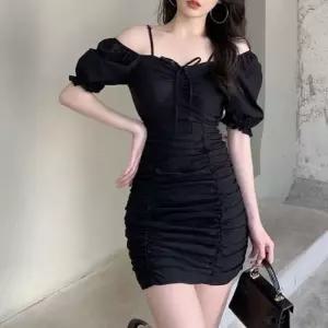 [오노마] ONM 오프숄더 슬림 원피스 여름 주름 H라인 퍼프 드레스